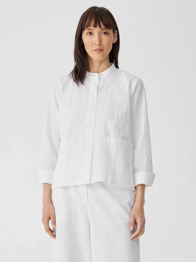 Eileen Fisher Organic Cotton Pucker Mandarin Collar Shirt Jacket