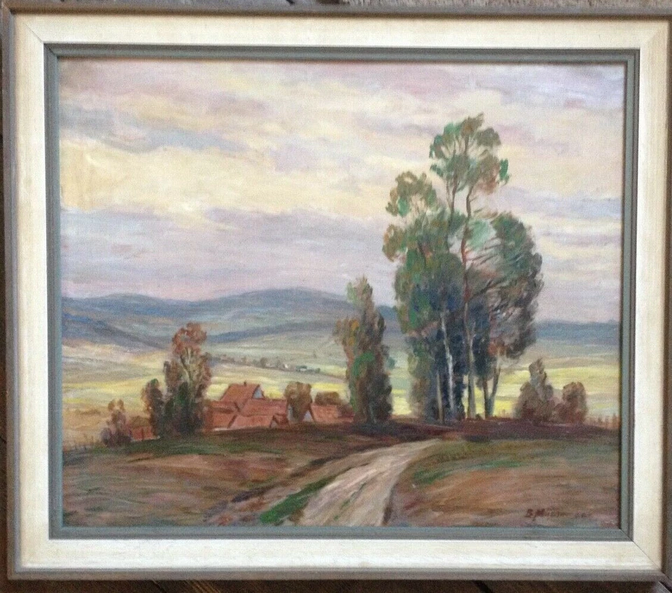 ::SOMMERIDYLLE LANDSCHAFT DORF AM FELDRAND °UNDEUTLICH SIGNIERT ANTIK RAHMEN ÖL - Bild 1 von 4