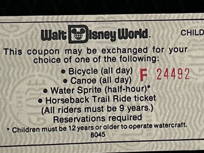 Disney World F Ticket Child Coupon Canoe Bicycle Sprite Vintage