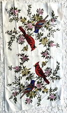 VTG Linen TEA TOWEL Cardinal BIRDS Floral Hand Kitchen Guest 16" x 28"