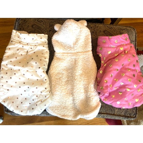 Lot of 3 Medium Dog coats excellent Pink, white, Fuzzy fits 15 to 25 pound 