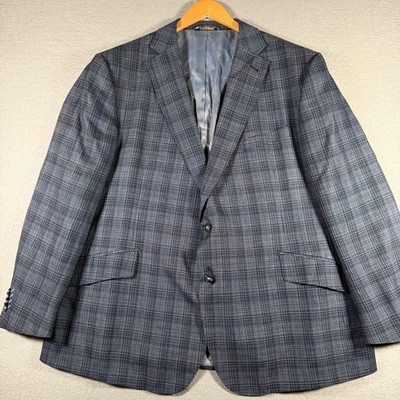 Robert Graham Mens Blue Plaid Wool Blend Sport Coat Blazer Size 50 1JD5U0