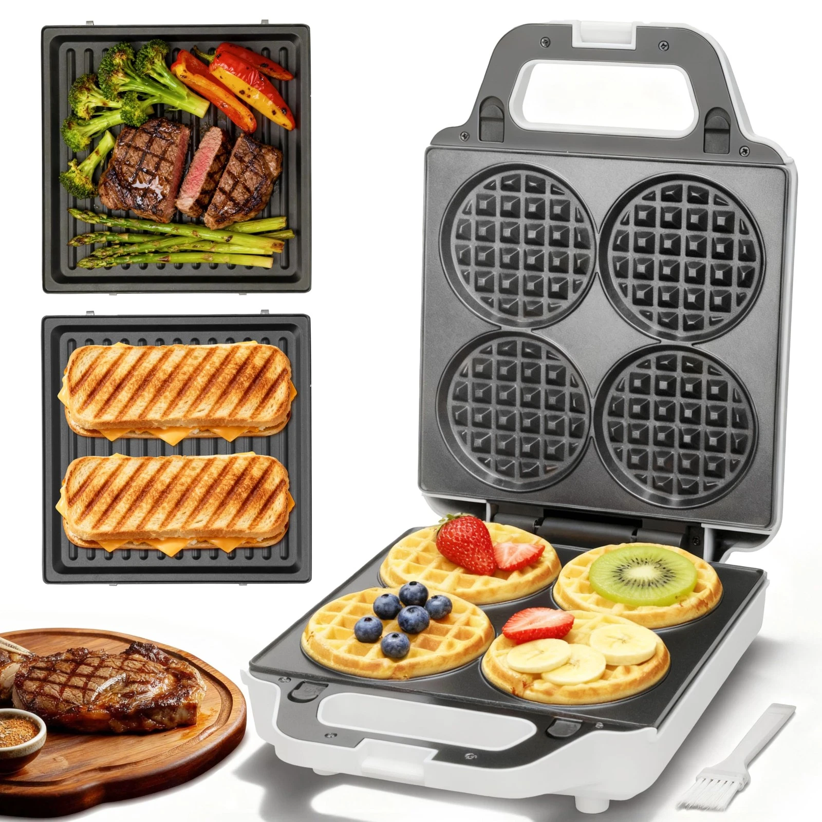 2 in 1 Mini Waffle Maker with Removable Plates, Panini Press Sandwich Maker, ...