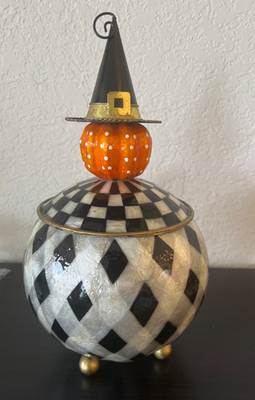 MacKenzie Childs Courtly Check GOOD WITCH CAPIZ LIDDED POT Halloween Decor NEW