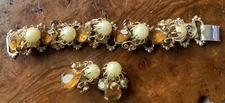 Midcentury Victorian Revival Bold Amber Rhinestones Pearls Bracelet & Earrings