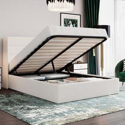  Size Lift Up Storage Bed/Velvet Upholstered/Modern Wingback Queen White