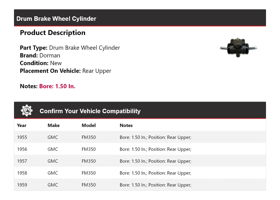 Cilindro de rueda de freno de tambor trasero superior 1956 1957 para GMC FM350 1955-1959 Dorman Foto 2 de 3