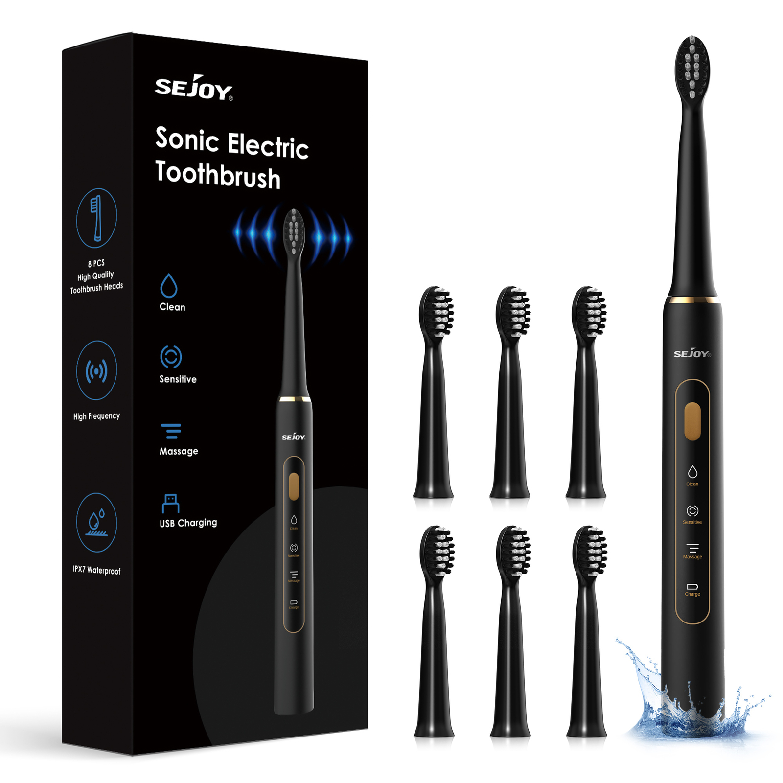 SEJOY Sonic Electric Toothbrush USB Rechargeable 3Modes 7Bru