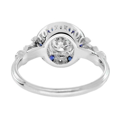 18K Gold Natural Diamond Blue Sapphire Art Deco Style Target Engagement Ring - Picture 5 of 11