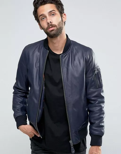 Blue Leather Jacket Men Flight Bomber Pure Lambskin Size S M L XL