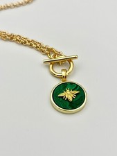 Honey Bee Malachite Pendant Necklace Medallion Necklace Toggle Bar Necklace 