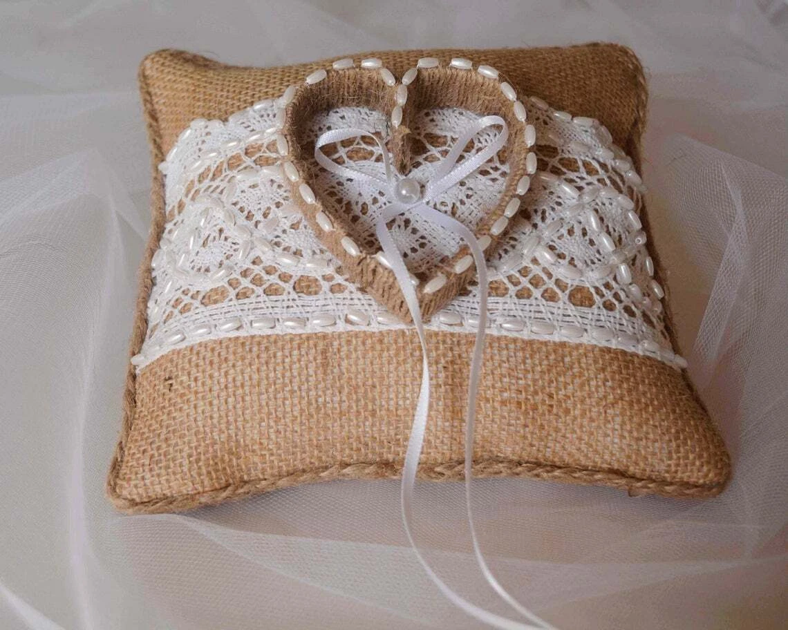 Wedding Ring Bearer Pillow 8x8 Natural Cotton Canvas with Jute Bow - Digs N  Gifts