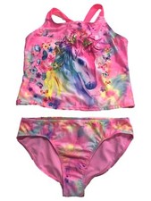 Girls Pink Rainbow Tie Dye Unicorn Butterfly 2pc Tankini Swimming Suit