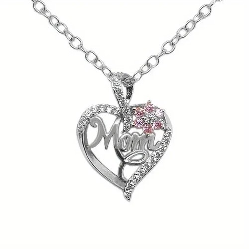 Women Heart Flower Mom Rhinestone Pendant Necklace Mother's Day Gift Silver New - Picture 3 of 5