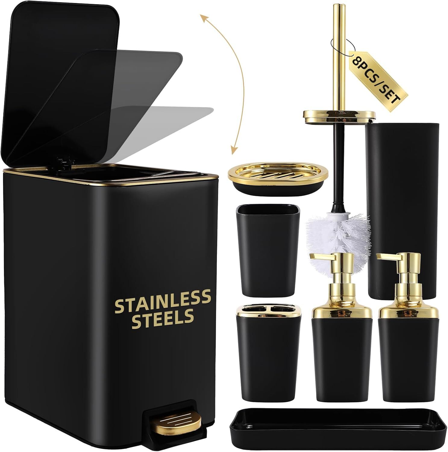 Black and Gold 8-Piece Bathroom Accessories Set