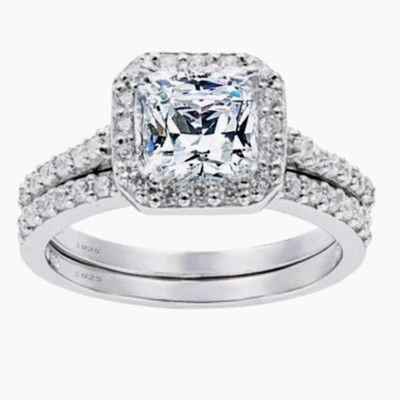 Sterling Silver Wedding Ring Set for Her Princess Cut CZ Engagement Rings