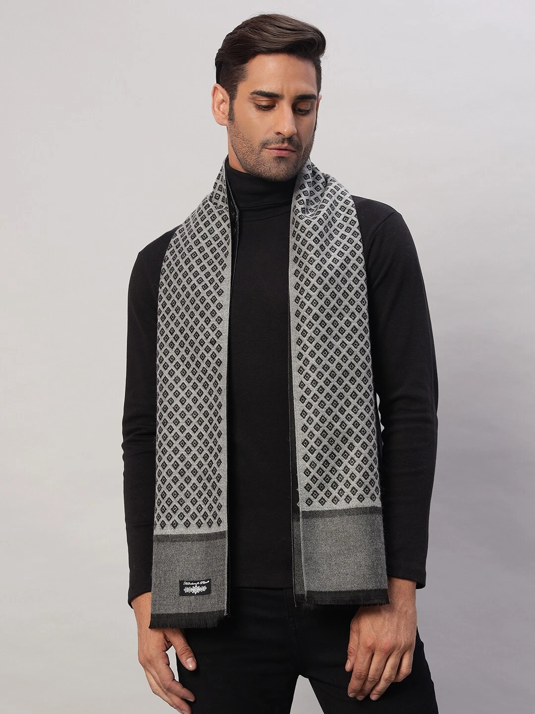 Men's Winter Wool Blend Checked Scarf Indian Made Scarve Warm Neck Wrap Gray