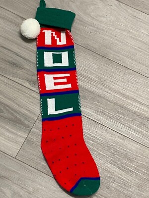NOEL Christmas Knit Stocking Red & Green 23  With Pom Pom Vtg.
