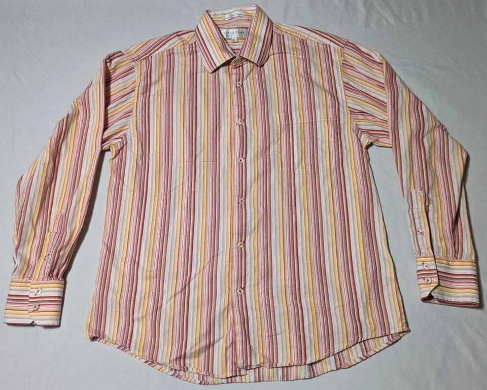 LINEA DOME CHEMISE 男式大号 (16.5) 红色橙色条纹棉质纽扣衬衫 — 第 3/4 张图片