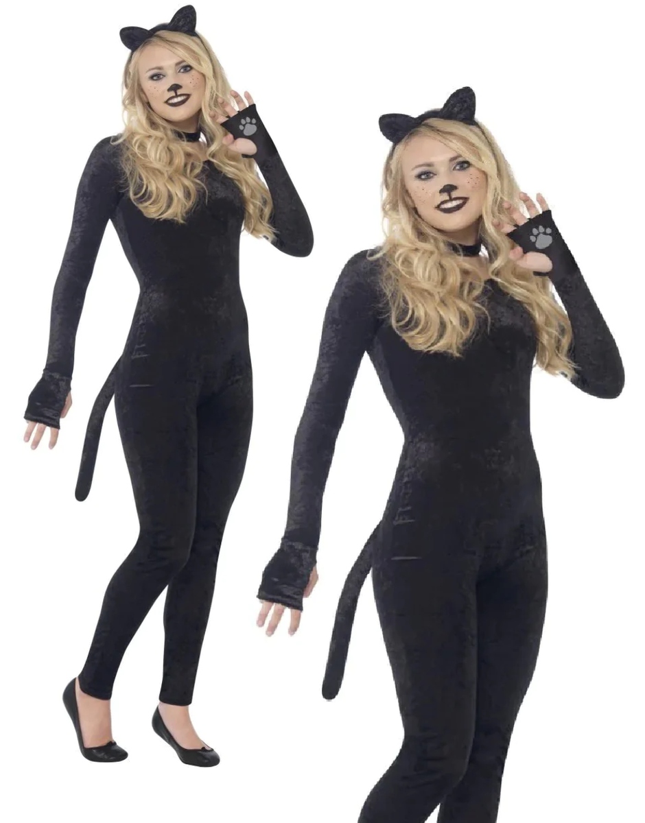 Cat Costume Witches Kitty Girls Ladies Halloween Catsuit Fancy Dress Outfit