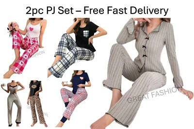 Womens Ladies Pyjama PJ Pyjamas Set Nightwear 2pc Summer Night Lightweight NEW