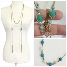 Charming Charlie Necklace Goldtone Overlay Chains Tassels W/ Delicate Aqua Beads