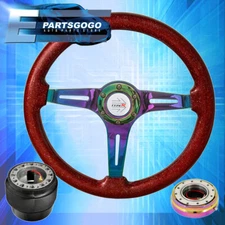 Slim Quick Release For 96-15 Civic Metallic Red Wood Neo Chrome Steering Wheel