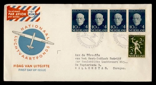 DR WHO 1954 NETHERLANDS FIRST FLIGHT KLM FDC SEMI POST COMBO TO CURACAO M72895