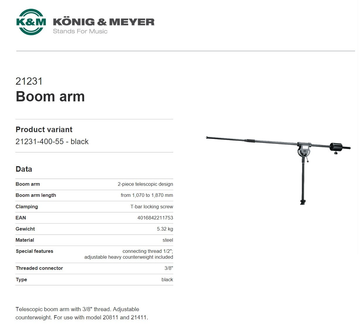 Konig & Meyer 21231-400-55 Telescopic Boom Arm 3/8" Thread for 2811 21411 Stand