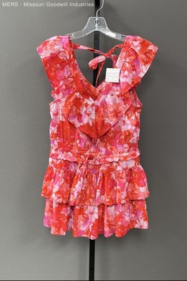 Day Moon Womens Dress Red Floral Starburst Ruffle Tiered Sleeveless Medium