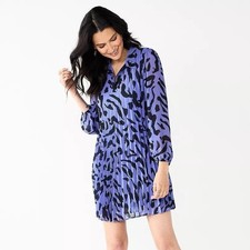 Nine West Dress Brushstrokes Georgette Pleated Cocktail Work Retro PurSmall NWOT