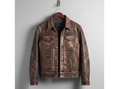 Men's Distressed Buff Leather Trucker Jacket Vintage Washed Real Leather Coat