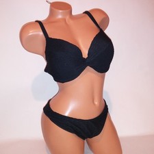 Victoria Secret Swim Bikini 38C Top Medium Bottom Black Solid Textured Brazilian