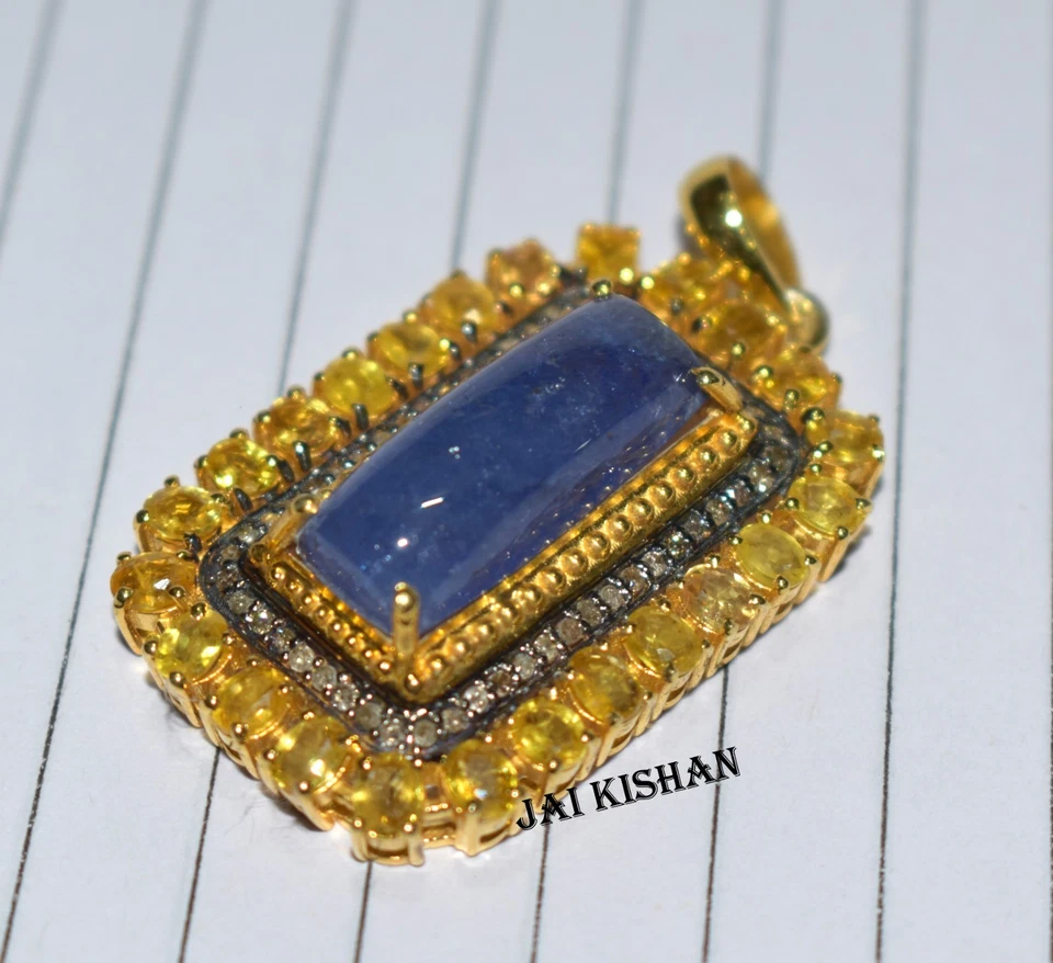Vero Tanzanite Giallo Zaffiro Gemma 925 Argento Sterling Pavè Diamante Ciondolo - Immagine 2 di 4