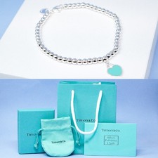 Tiffany Bracelet Silver Beaded Mini Blue Heart Charm With Gift Box Set Size 18cm