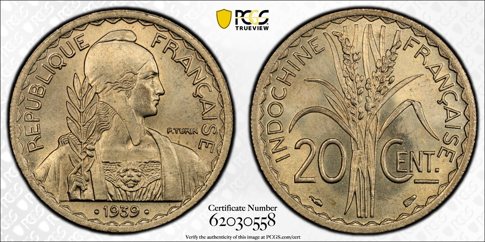 French Indochina 20 Cents 1939 Dots PCGS MS 65