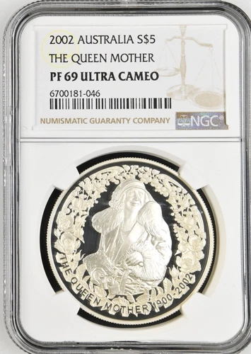 2002 Australia S$5 Dollars The Queen Mother Silver Proof Coin NGC PF 69 UC