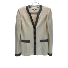St. John Collection Santana Knit Jacket Blazer Cream Black Trim Button Front 6