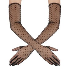 Polka Dot Lace Tulle Gloves - Black, Sheer, Vintage Mesh, Elbow Length -