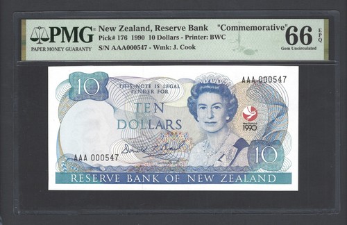New Zealand 10 Dollars 1990 P176 "Commemorative" S/N 000547 UNC Grade 66