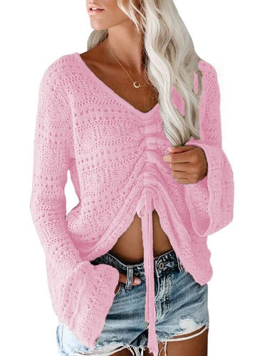 Women's Beach Off Shoulder Hollowed Out Horn Sleeve Drawstring Knitted Sweater - Picture 19 of 52
