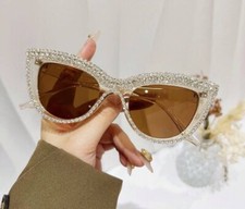 Luxury Rhinestone Cat Eye Sunglasses Glam Bling Amber Brown Champagne UV400 Chic