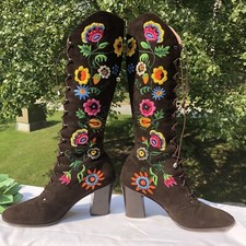 Vtg Jerry Edouard Brown Suede Embroidered Beaded 60 /70 s Penny Lane GoGo Boots