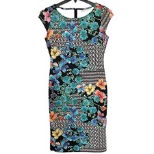 New York & Co Dress Womens M Bodycon Sheath Cap Sleeves Midi Floral  Zipper