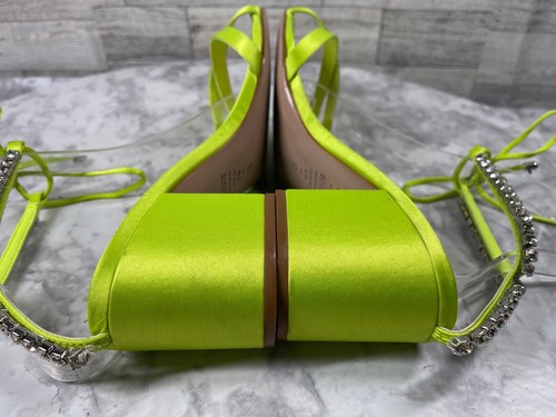 Schutz Sandals Women 9.5B Islah Shoes Green Yellow Satin Block Heel Rhinestones - Picture 12 of 18