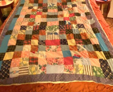 Vtg 60s squares Quilt Handmade Colorful Blanket 76" x 52" Needs Repairs see pic