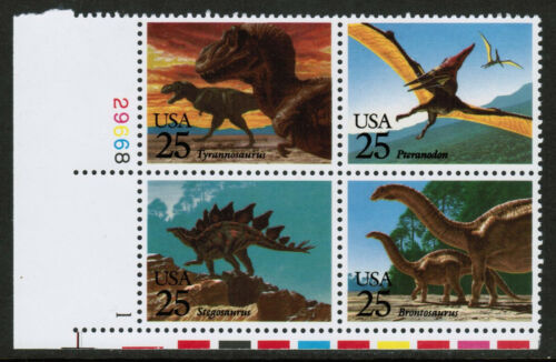 US USA Sc#2425b MNH FVF Plaque # Bloc Dinosaures Stégosaure Brontosaurus Ty Rex - Afbeelding 1 van 1