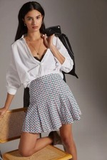 Anthropologie Maeve Pleated Mini Skirt Blue motif 100 cottom size 8
