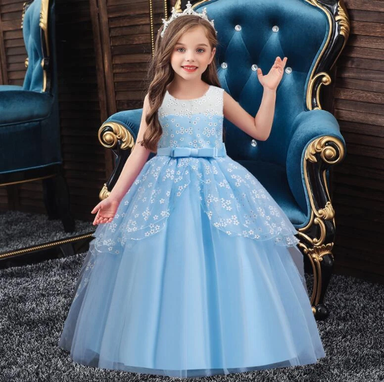 Kids Girls Princess Dress Bow Lace Ball Gown Party Pageant Prom