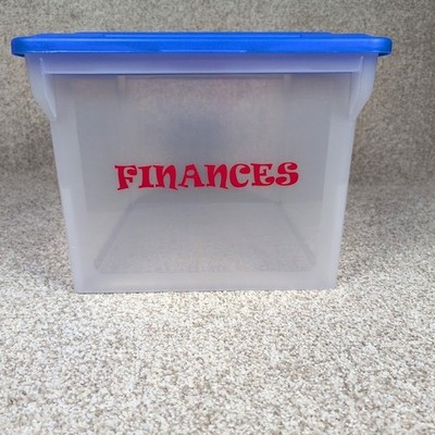 Sterilite Storage Box Container Blue Lid Finances Label Office Organization
